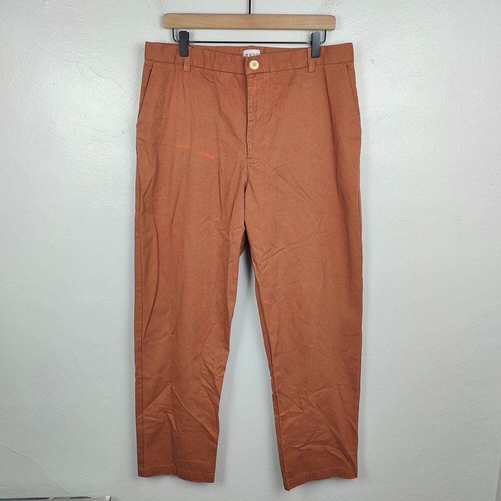 Esby Chino Pants Mens 34 Rust Clay Orange‎ Preppy Slow Fashion Minimalist FLAW - Picture 2 of 12